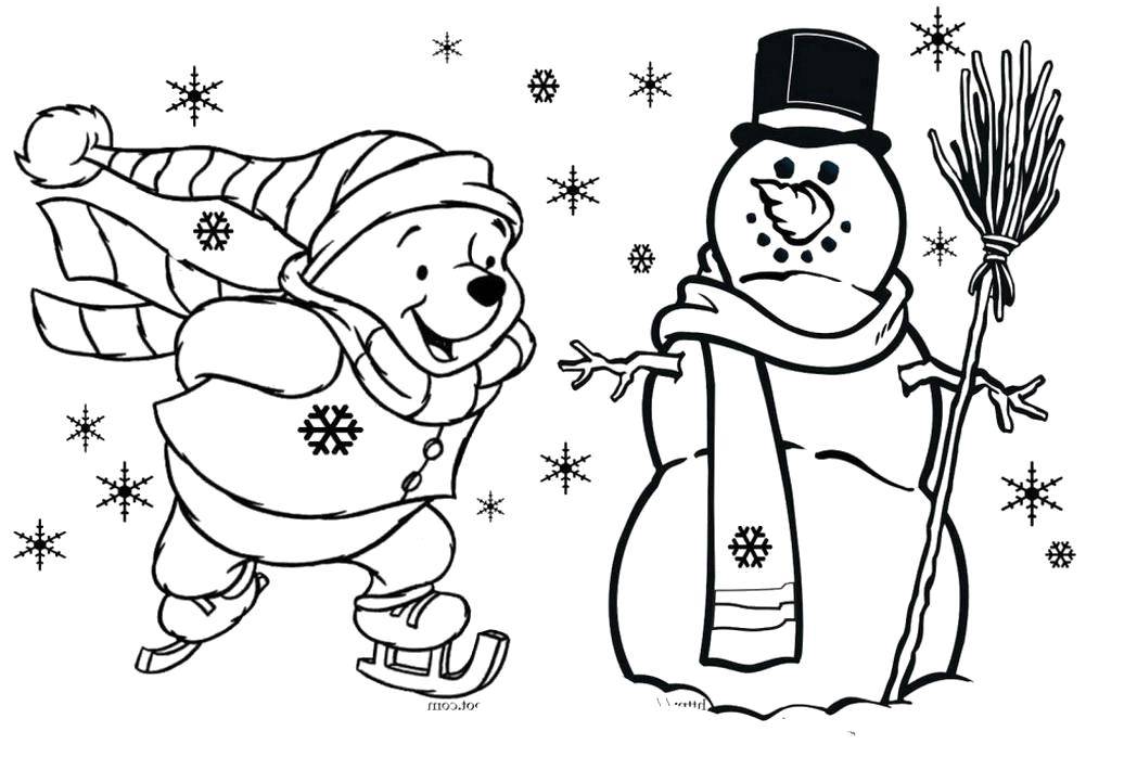 Coloring Winnie the Pooh ice skating and snowman. Category Cartoon character. Tags:  Cartoon character, Winnie the Pooh, snowman, winter, Kotok.