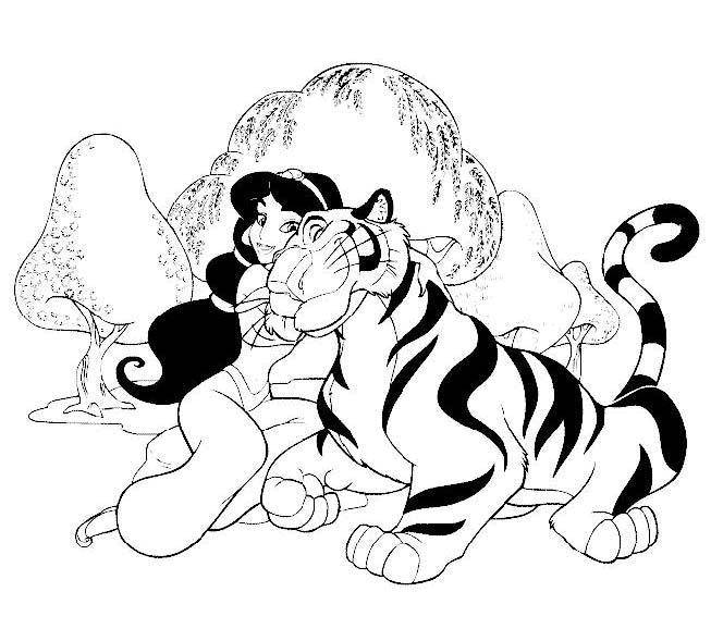 Название: Раскраска Жасмин с тигром. Категория: Диснеевские раскраски. Теги: Диснеевские мультфильмы, принцессы, Жасмин, тигры.