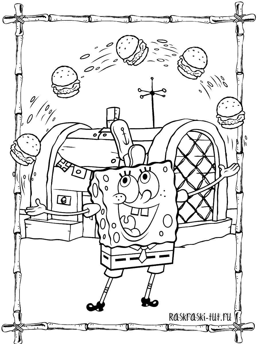 Coloring Juggling Krabby patties. Category spongebob. Tags:  Cartoon character, spongebob, spongebob.