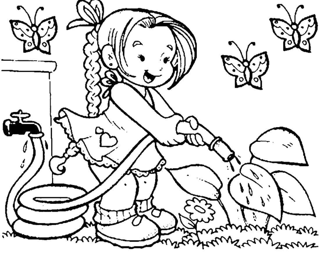 Розмальовки  Дівчинка поливає квіточки. Завантажити розмальовку діти, літо, дівчинка, квіти.  Роздрукувати ,діти,