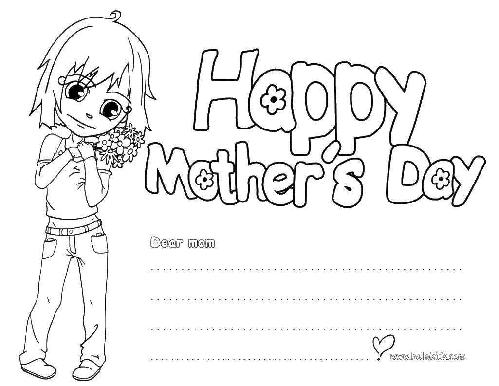 Розмальовки  З днем матері. Завантажити розмальовку мами, з днем матері, дівчинка.  Роздрукувати ,свято,