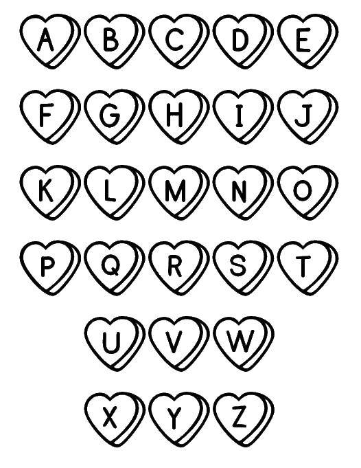 Название: Раскраска Алфавитные сердечки. Категория: Английский алфавит. Теги: Алфавит, буквы, слова.