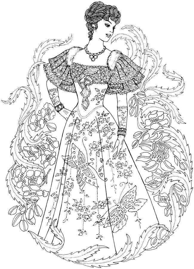 Coloring A young lady in a patterned dress. Category Dress. Tags:  dress patterns, girl.