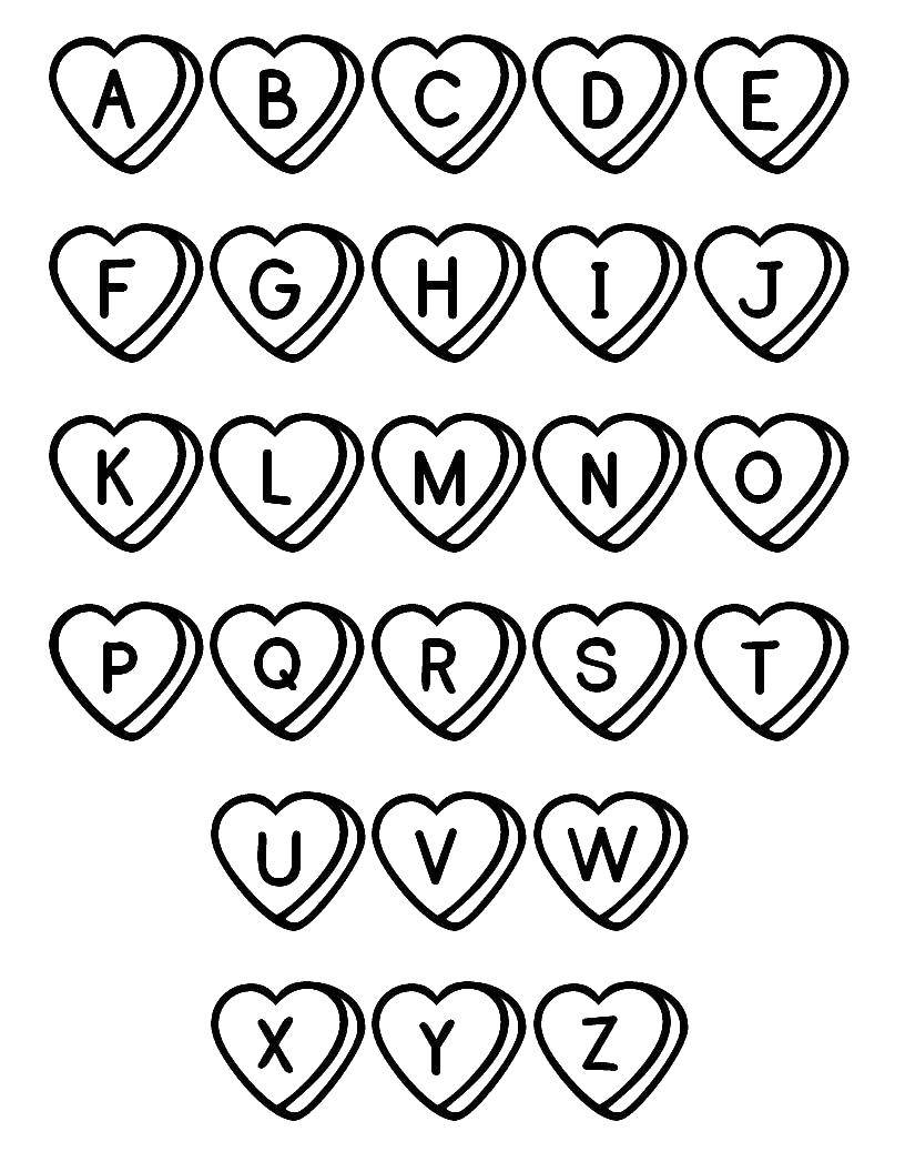 Название: Раскраска Буквы в сердечках. Категория: Английский алфавит. Теги: английский алфавит, буквы, сердечеки.