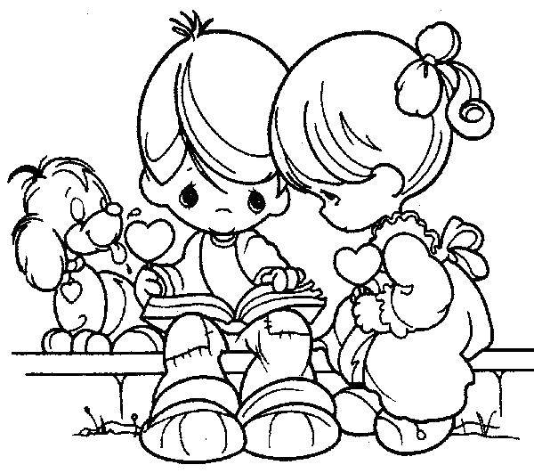 Coloring Girl and boy with book. Category coloring. Tags:  children, book.