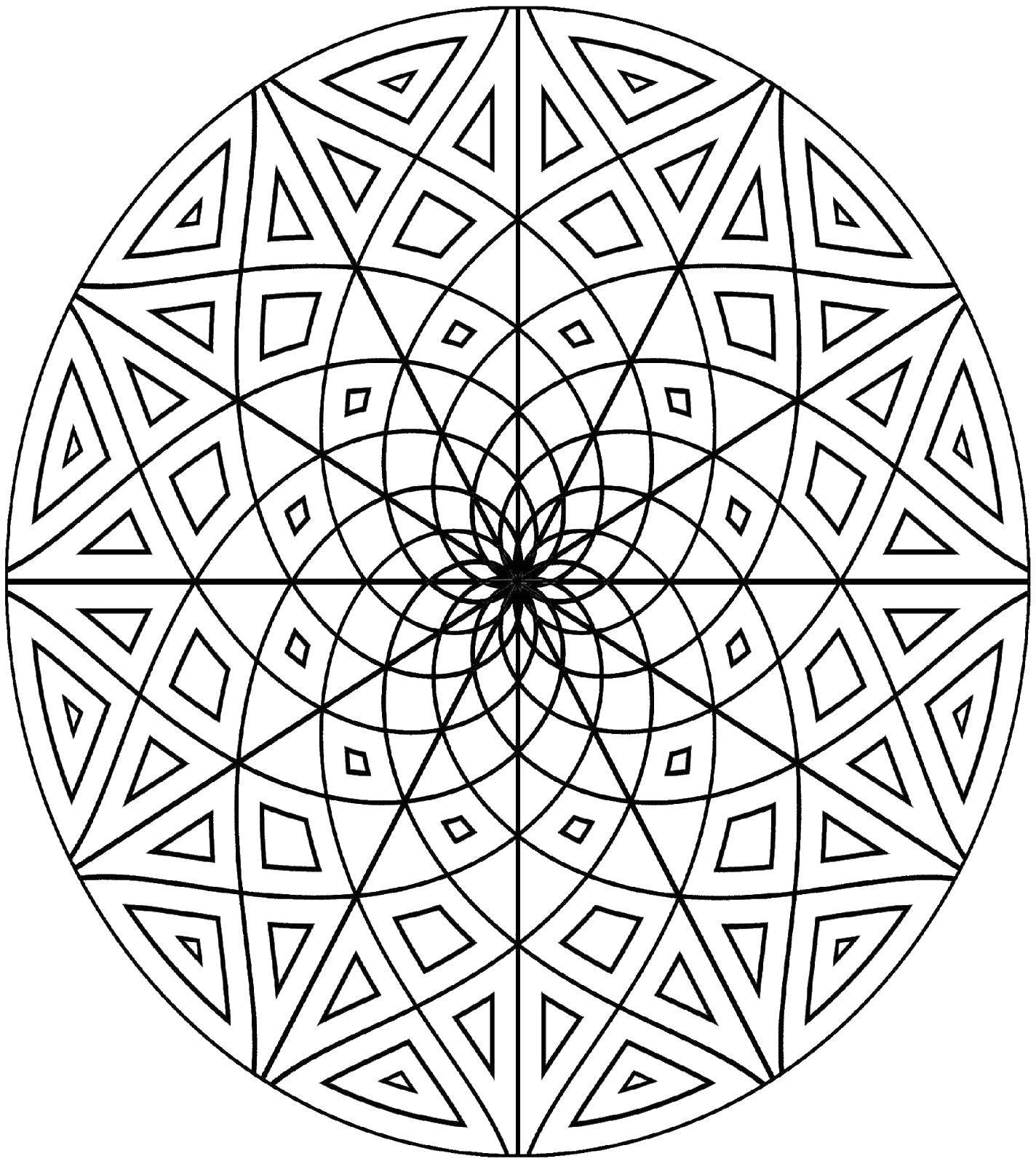 Название: Раскраска Геометрические узоры в круге. Категория: Узоры. Теги: узоры, круг, фигуры.