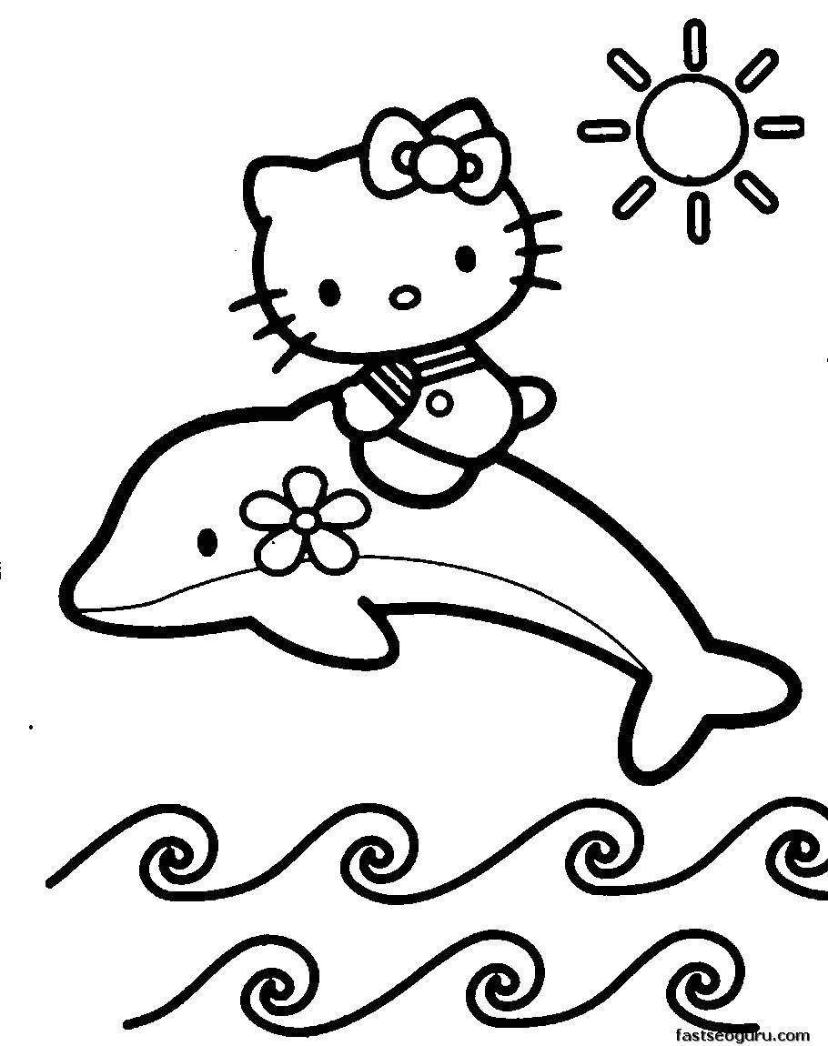 Название: Раскраска Китти на дельфине. Категория: Хэллоу Китти. Теги: хэллоу китти, дельфины, море.