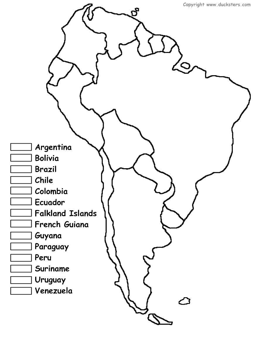 Контурная карта Южной Америки черно белая