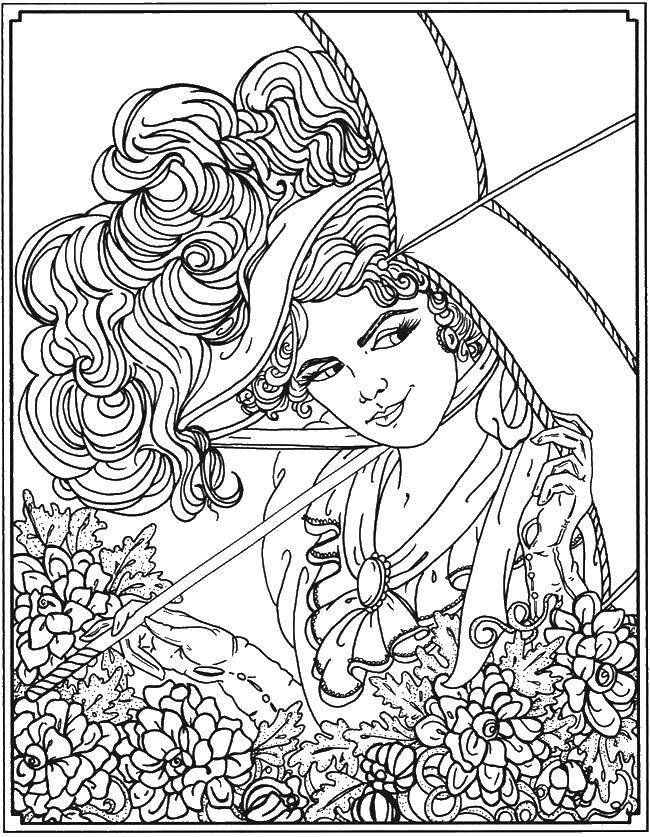 Coloring Lady with umbrella. Category girl. Tags:  Girl, flowers.