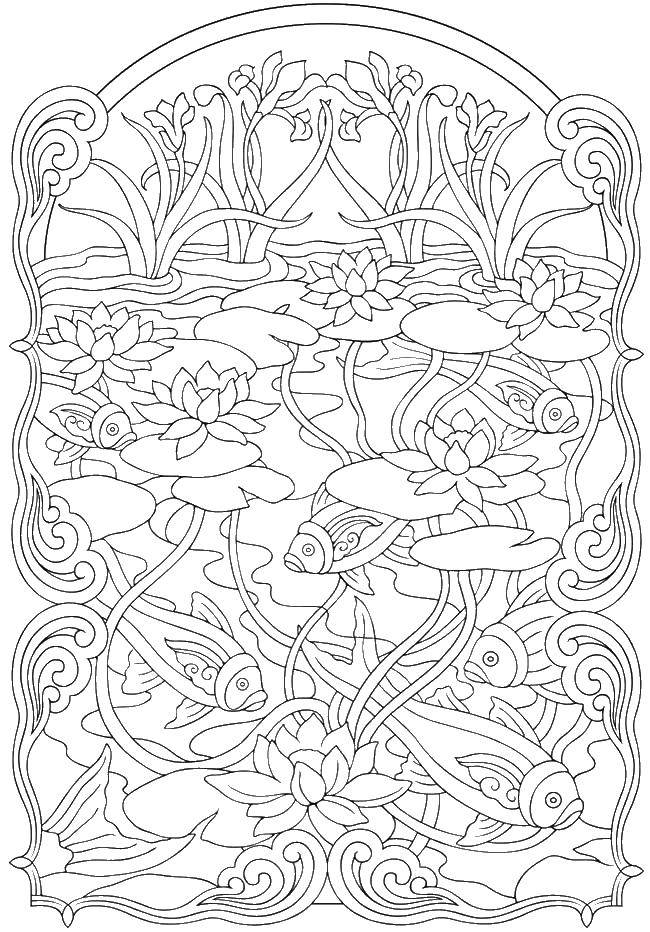 Название: Раскраска Лотосы в пруду с рыбками. Категория: цветы. Теги: лотос, цветы.