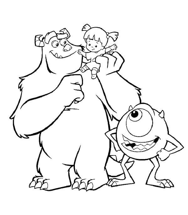 Coloring Mike and Sally with a girl. Category Coloring pages monsters. Tags:  monsters Inc., monsters.