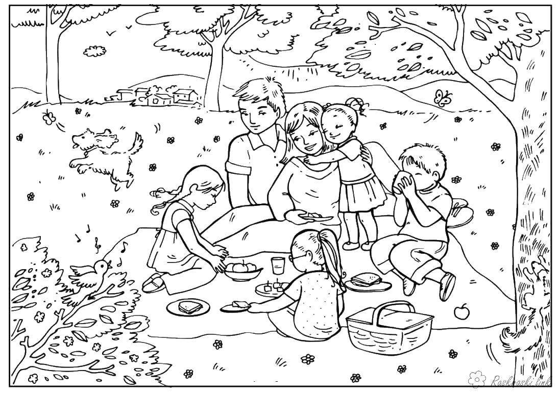 Название: Раскраска Семья на пикнике. Категория: большая семья. Теги: семья, отдых, дети, пикник.