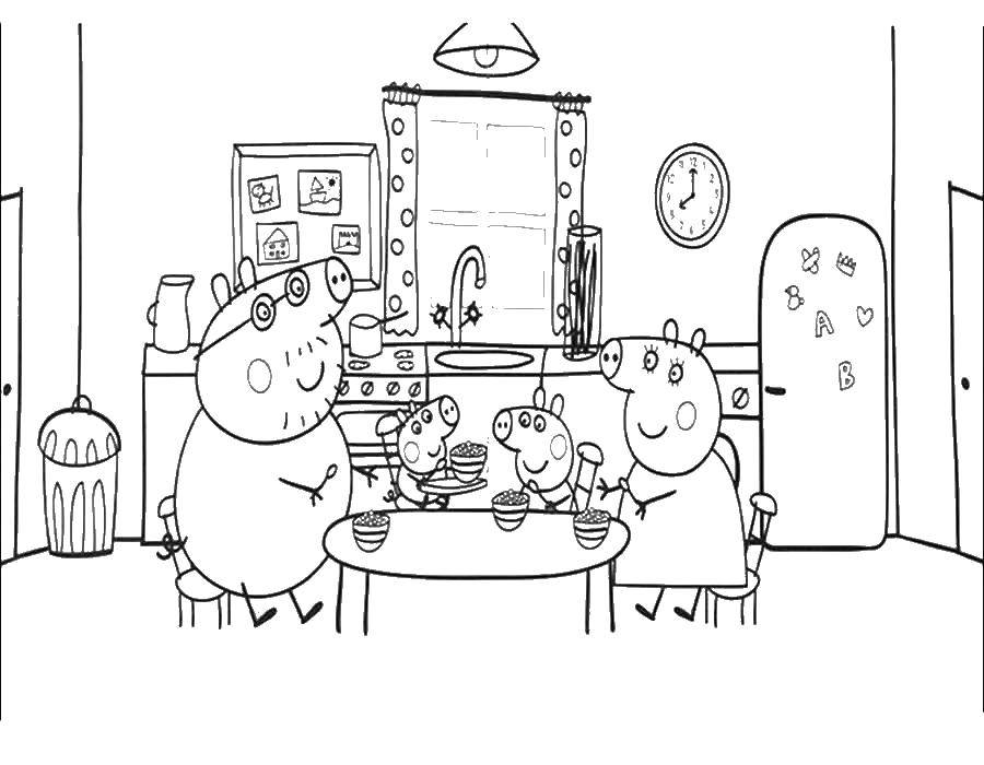 Coloring Family Pippi drinking tea. Category family. Tags:  peppa pig, family.
