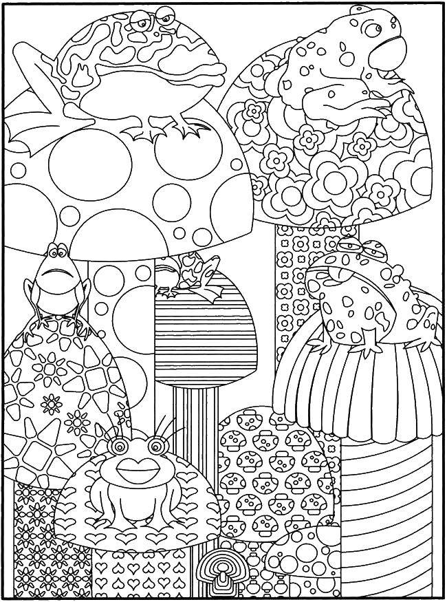 Coloring Patterned mushrooms and frogs. Category pattern . Tags:  patterns, mushrooms, frogs.