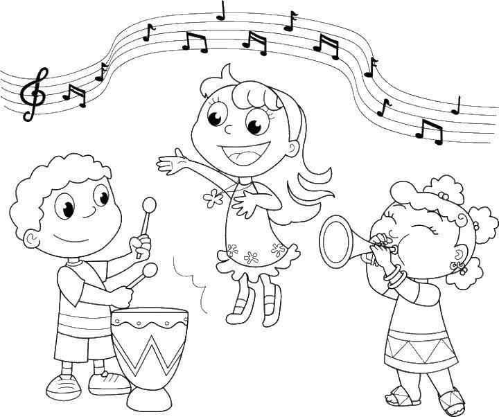 Розмальовки  Діти грають на музичних інструментах. Завантажити розмальовку музика, діти.  Роздрукувати ,Музика,