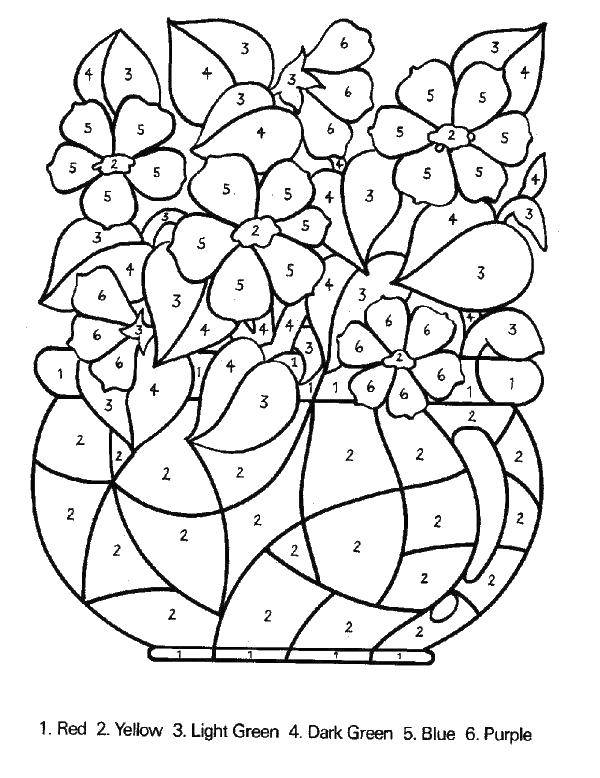 Розмальовки  Розфарбуй по цифрам пелюстки квітів. Завантажити розмальовку Зразок, цифри.  Роздрукувати ,розфарбовування по номерах,