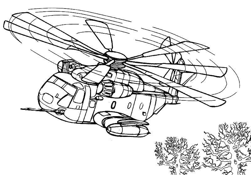 Розмальовки  Вертоліт летить над деревами. Завантажити розмальовку Вертоліт.  Роздрукувати ,Вертольоти,