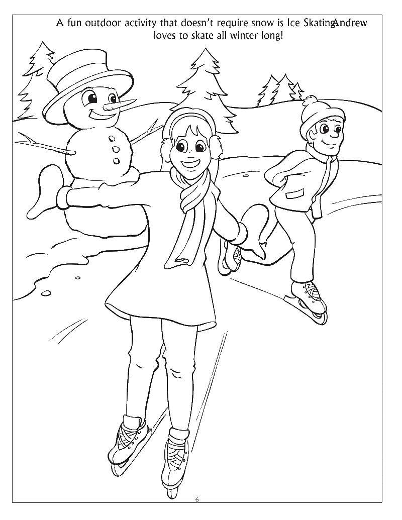 Название: Раскраска Дети катаются на коньках на льду. Категория: снег. Теги: снег, дети, коньки.