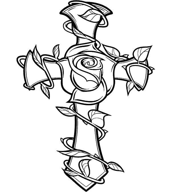 Coloring Cross with a rose with thorns. Category coloring pages cross. Tags:  rose, thorns.
