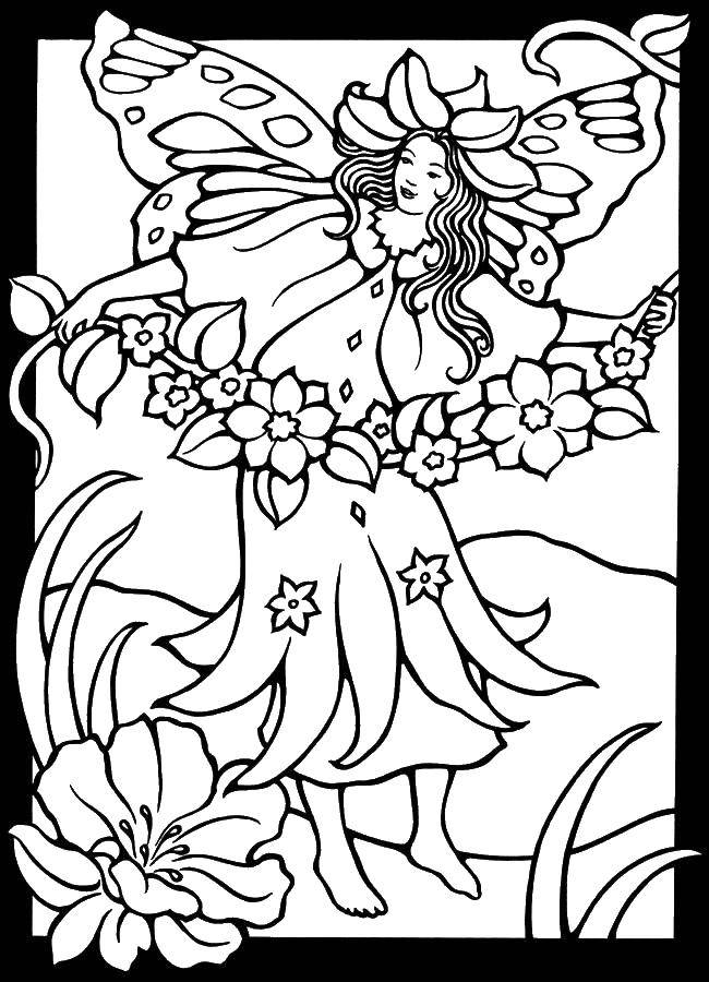 Название: Раскраска Лесная фея с плетением цветов. Категория: феи. Теги: Фея, лес, сказка.