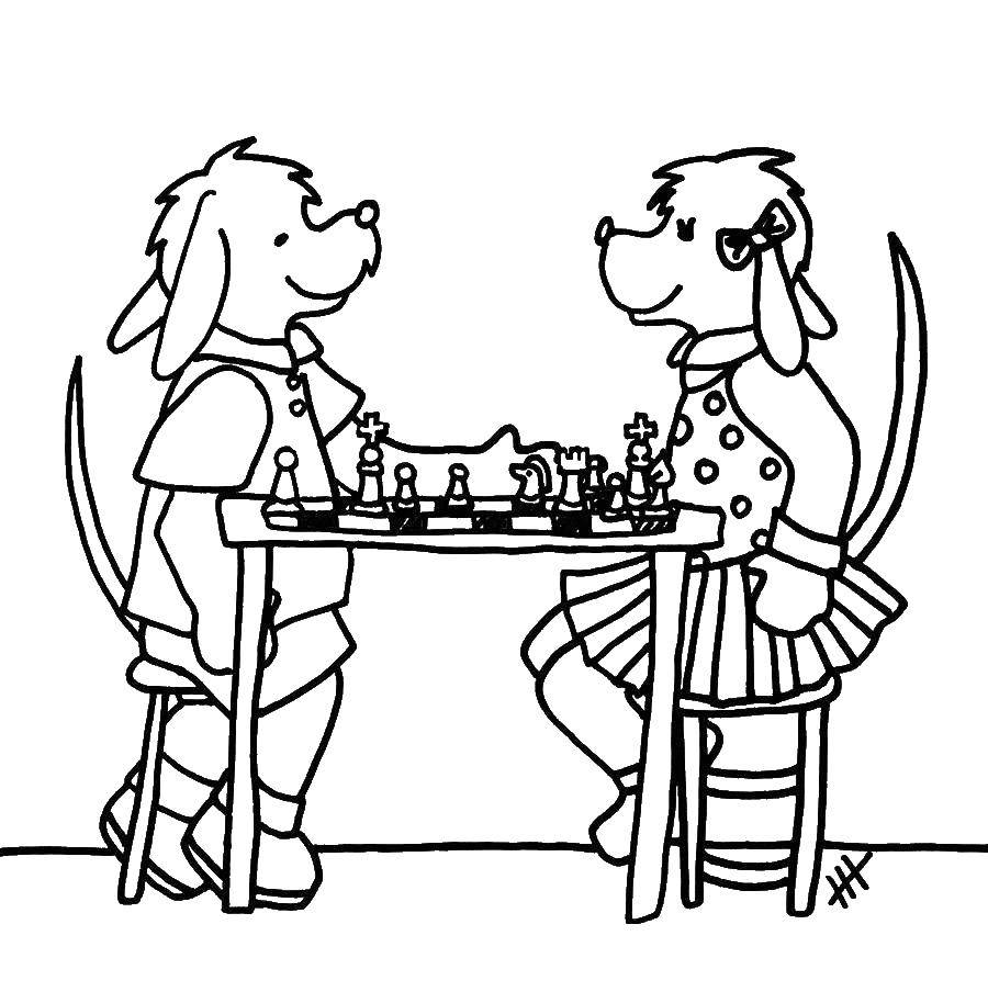 Название: Раскраска Собаки играют в шахматы. Категория: шахматные фигуры. Теги: шахматы, собаки.