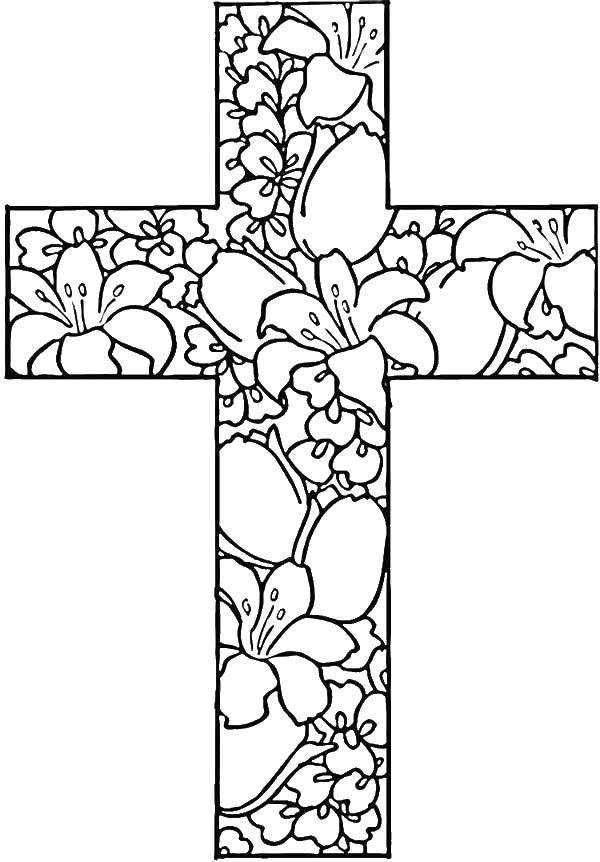 Название: Раскраска Узорчатые цветы на кресте. Категория: раскраски крест. Теги: Крест.
