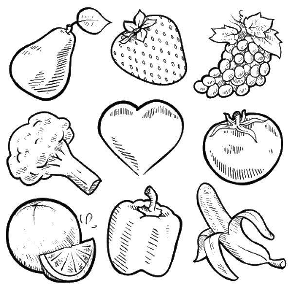 Название: Раскраска Я люблю фрукты и овощи!. Категория: Еда. Теги: еда , ягоды, фрукты.