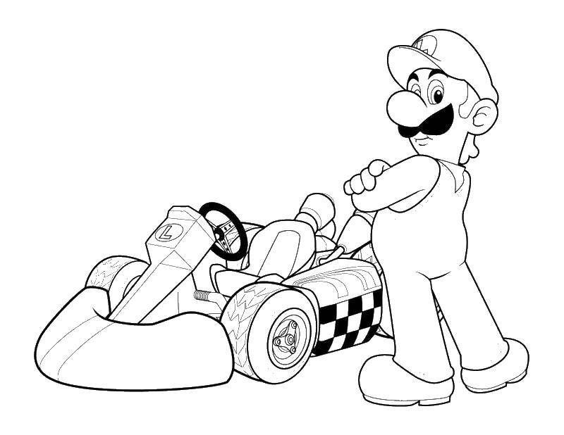 Розмальовки  Маріо і гоночний автомобіль. Завантажити розмальовку ігри, Маріо гонка.  Роздрукувати ,Персонаж з гри,