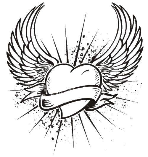 Розмальовки  Серце з крилами і стрічкою. Завантажити розмальовку сердечка, крила.  Роздрукувати ,Сердечка,