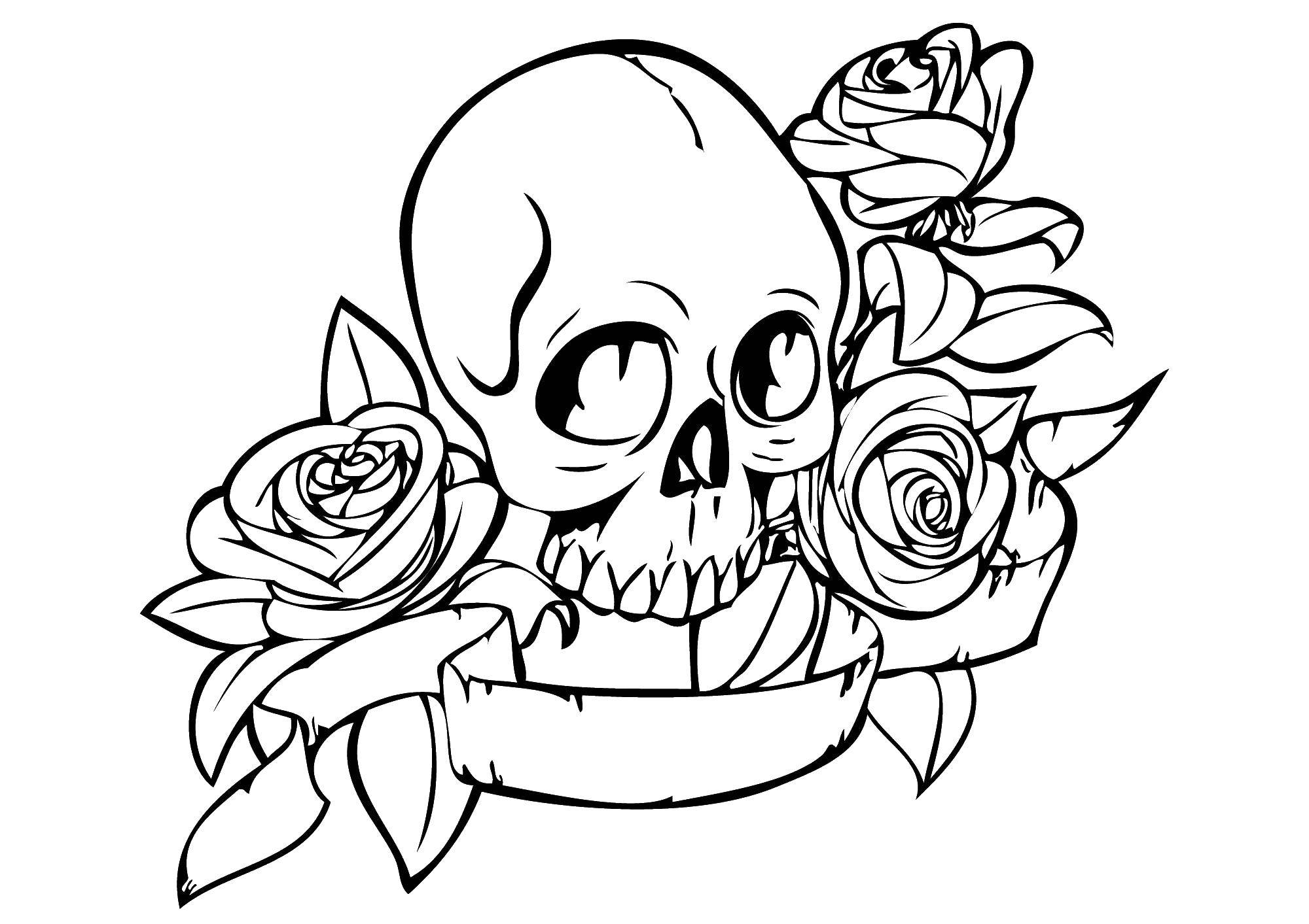 Название: Раскраска Череп с лентой и розами. Категория: Череп. Теги: череп, розы, цветы.