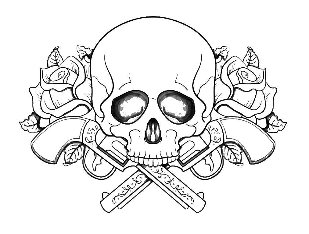 Название: Раскраска Череп с розами и пистолетами. Категория: Череп. Теги: черепа, розы, пистолеты.