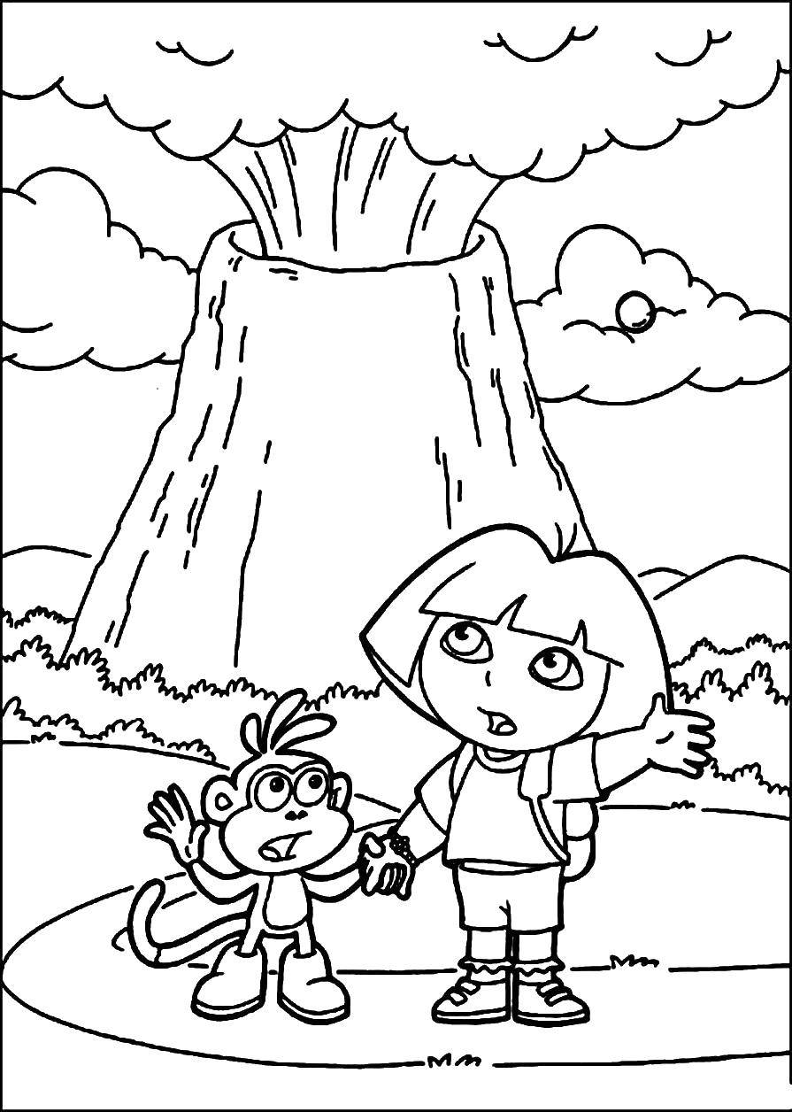 Название: Раскраска Даша и башмачок возле вулкана. Категория: Вулкан. Теги: вулкан, извержение, Даша, Башмачок.
