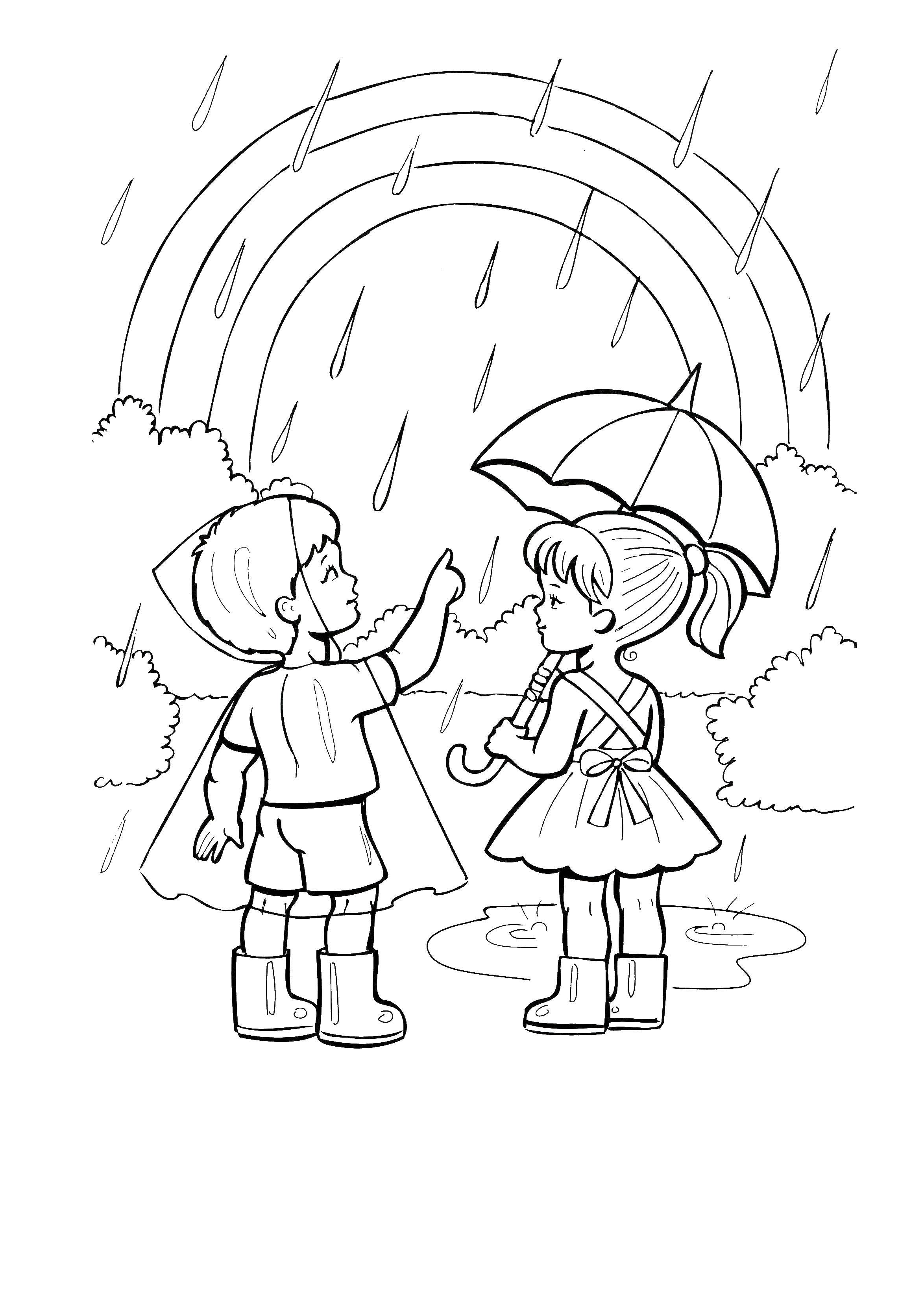 Coloring Children look at a rainbow during the rain. Category Coloring pages for kids. Tags:  Rain, children, joy, rainbow.