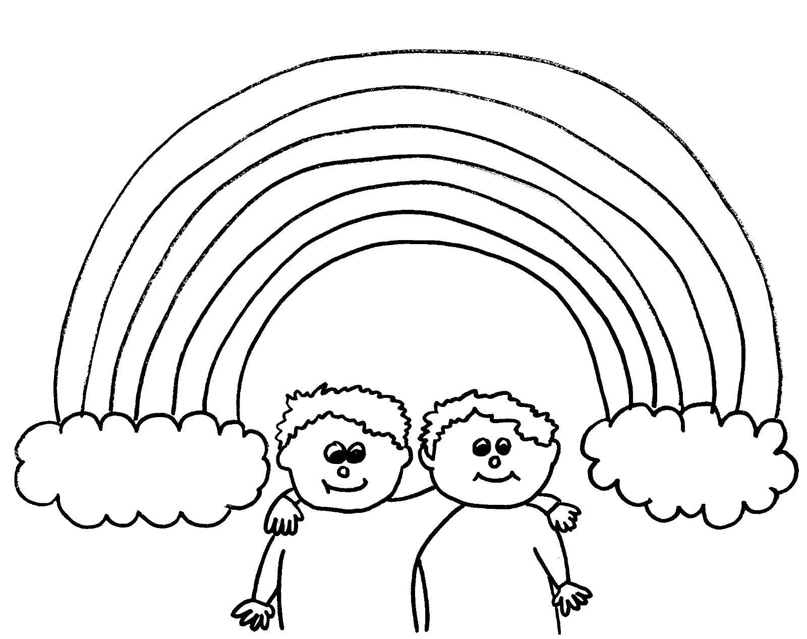 Coloring Two friends and rainbow. Category The rainbow. Tags:  rainbow, clouds, friends.