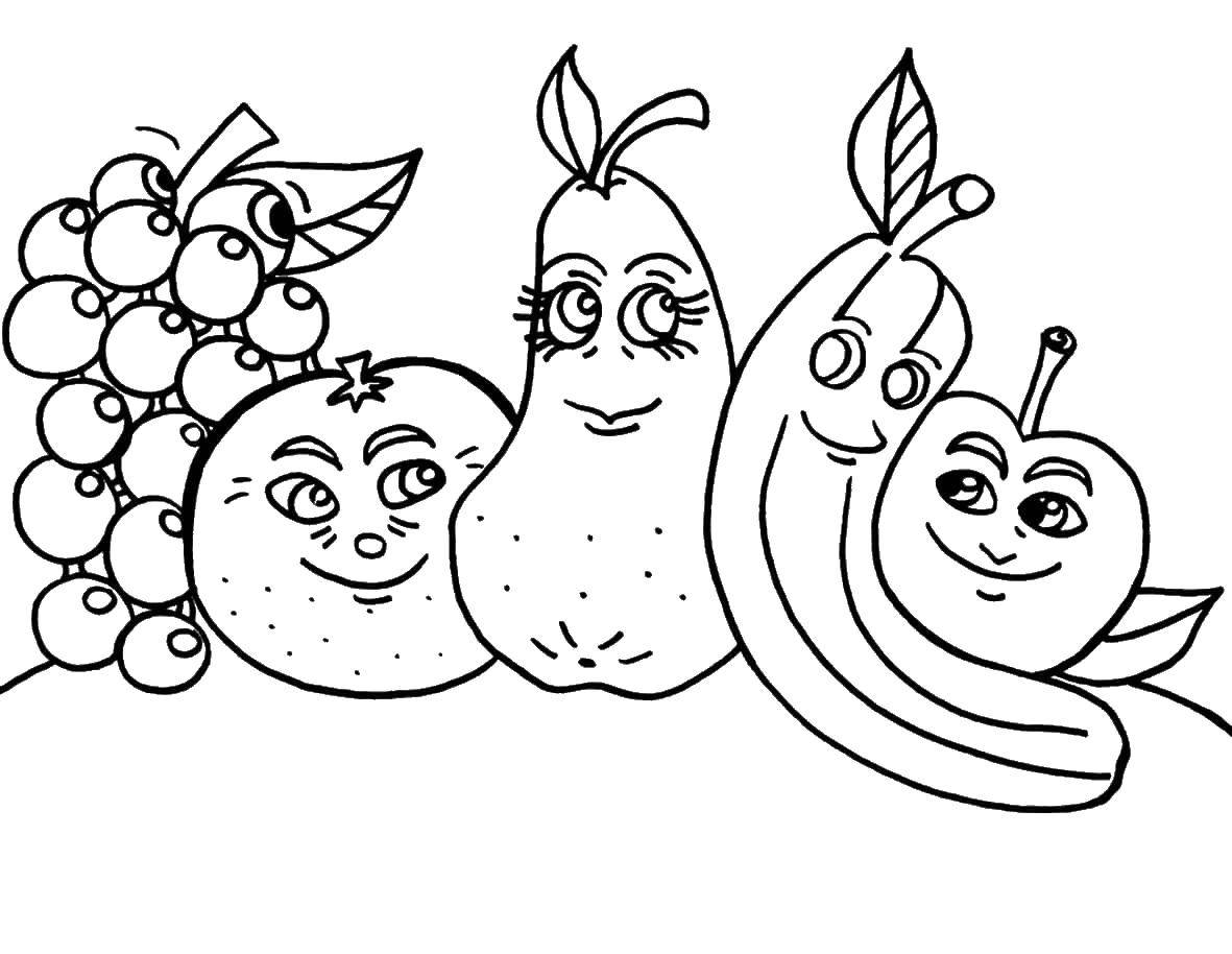Название: Раскраска Фруты. Категория: фрукты. Теги: фрукты, виноград, апельсин, банан, яблоко.