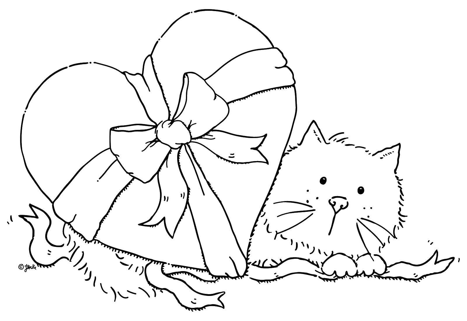 Название: Раскраска Киса с коробкой конфет. Категория: Коты и котята. Теги: Животные, котёнок.