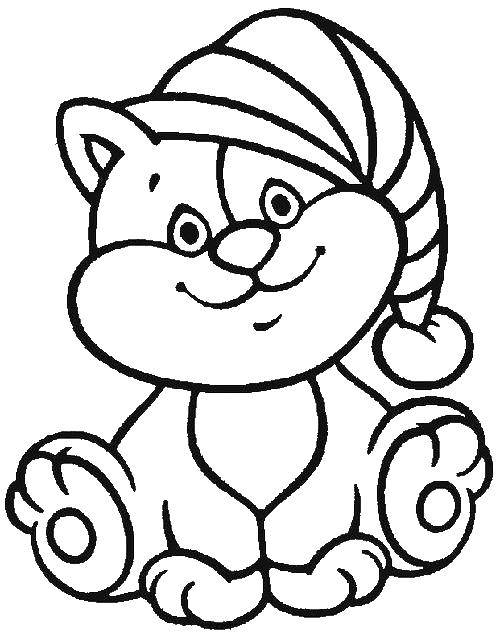 Coloring Kitten in cap. Category Coloring pages for kids. Tags:  Animals, kitten.
