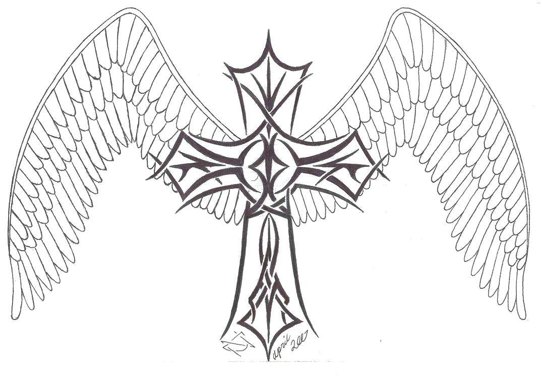 Название: Раскраска Крест с крыльями ангела. Категория: Крест. Теги: Крест.