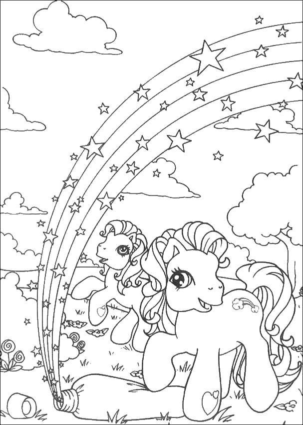 Coloring Pony and rainbow with stars. Category The rainbow. Tags:  rainbow, pony, girls.