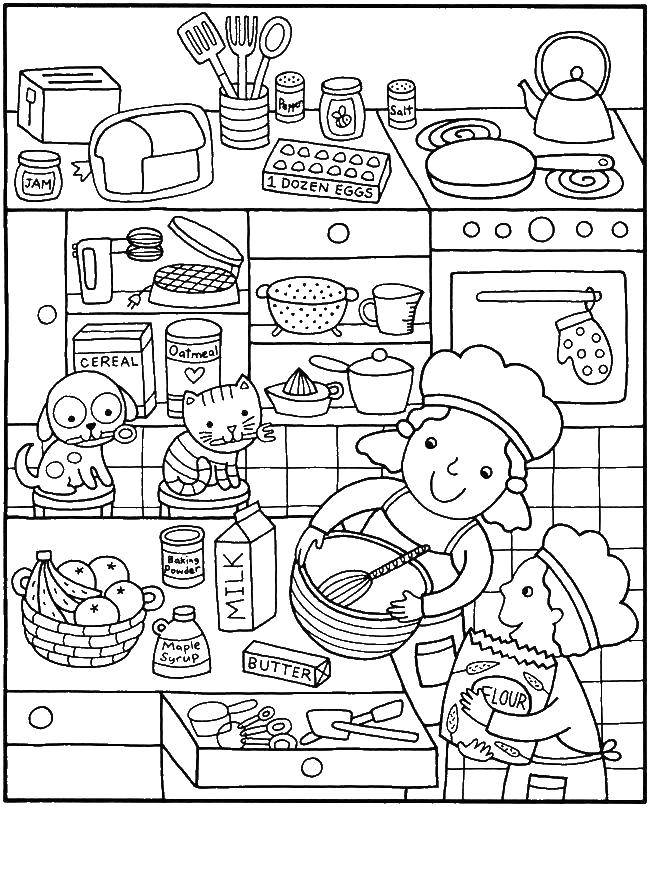 Название: Раскраска Повара готовят на кухне, а собачка и котенок наблюдают. Категория: Еда. Теги: Еда, повар, животные, кухня.