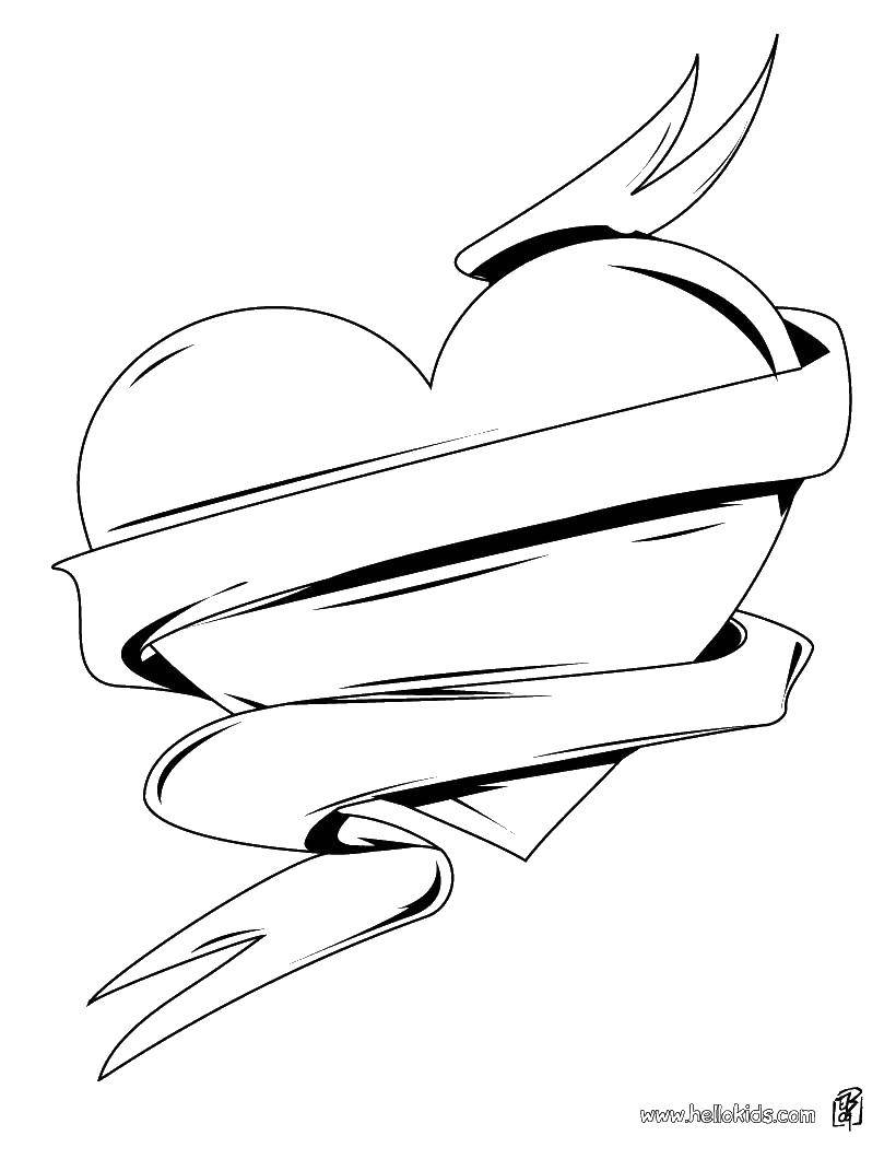 Название: Раскраска Сердце с лентой. Категория: Сердечки. Теги: сердце, ленты, любовь.