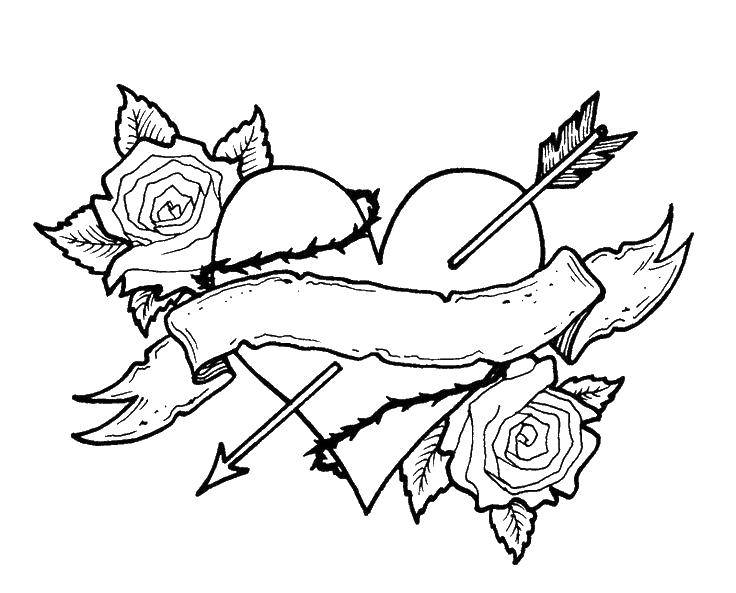 Название: Раскраска Сердце, стрела, розы и шипы. Категория: Я тебя люблю. Теги: Сердечко, любовь, роза.