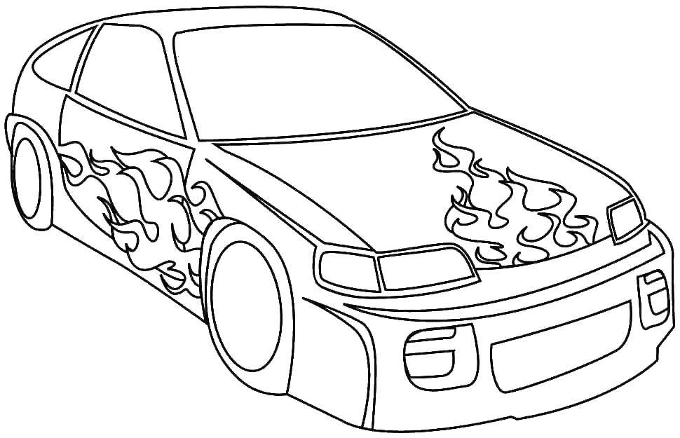 Название: Раскраска Спортивная машина с языками пламени. Категория: машины. Теги: машины, автомобили, гонки, спорткар.
