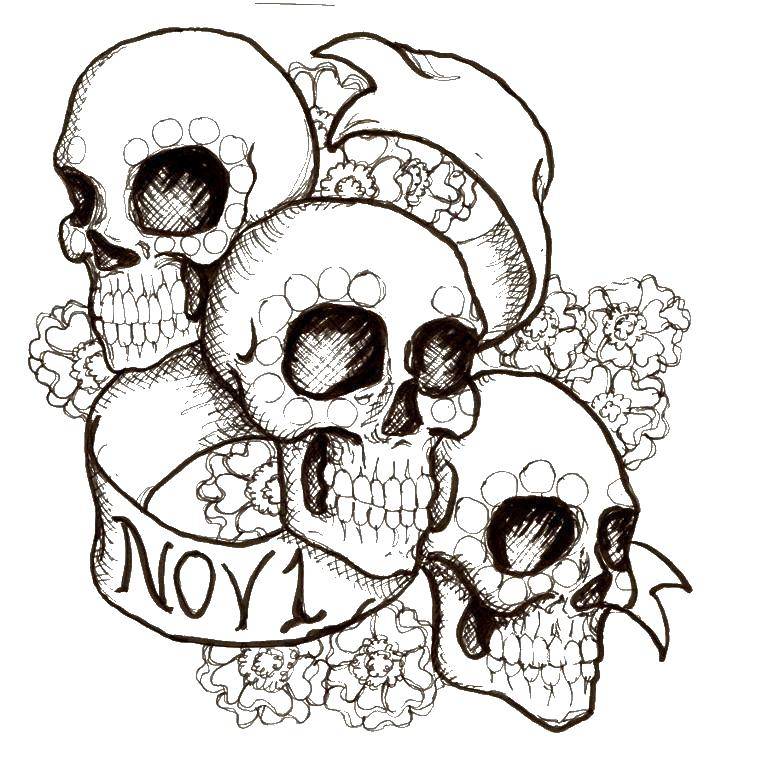 Coloring Three skulls. Category Skull. Tags:  skull, flowers.