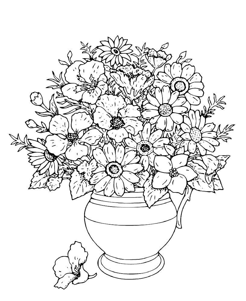 Название: Раскраска Цветы в вазе. Категория: Ваза. Теги: ваза, цветы, ромашки, полевые цветы.