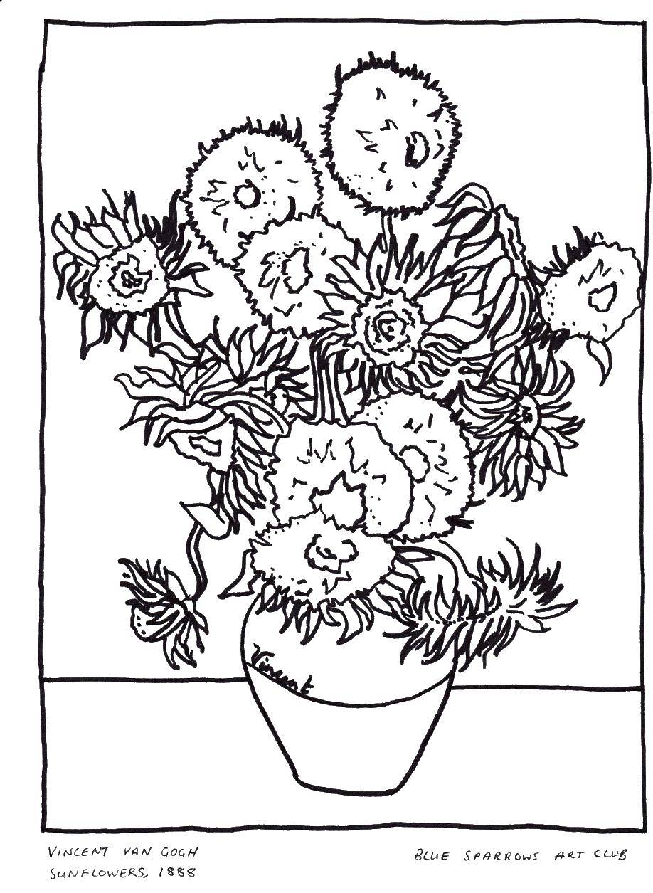 Название: Раскраска Ваза с пятнадцатью подсолнухами. Категория: раскраски. Теги: Ван Гог, картина, ваза с пятнадцатью подсолнухами.