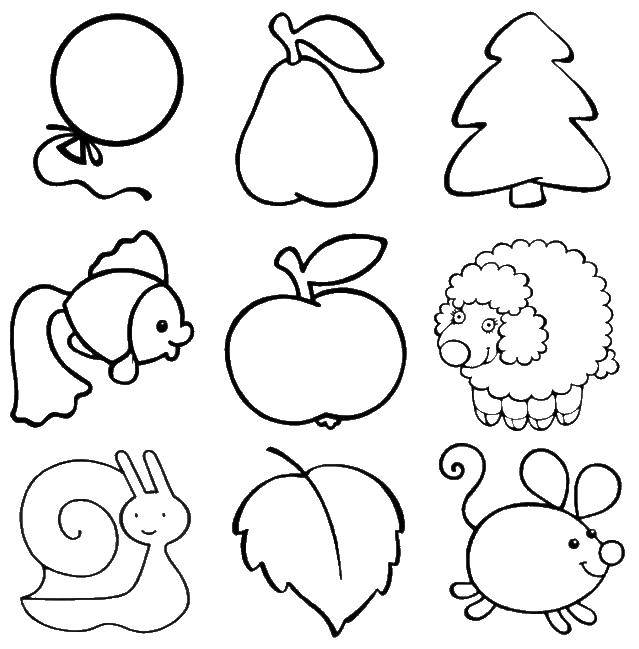 Название: Раскраска Воздушный шарик, груша, яблочко, ёлочка, рыбка, овечка, улитка, листок и мышка. Категория: Раскраски для малышей. Теги: Воздушный шарик, фрукты, животные, деревья.