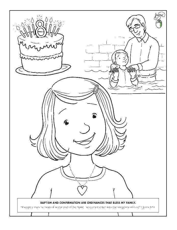 Розмальовки  Дівчинка святкує день народження. Завантажити розмальовку день народження, торт.  Роздрукувати ,день народження,