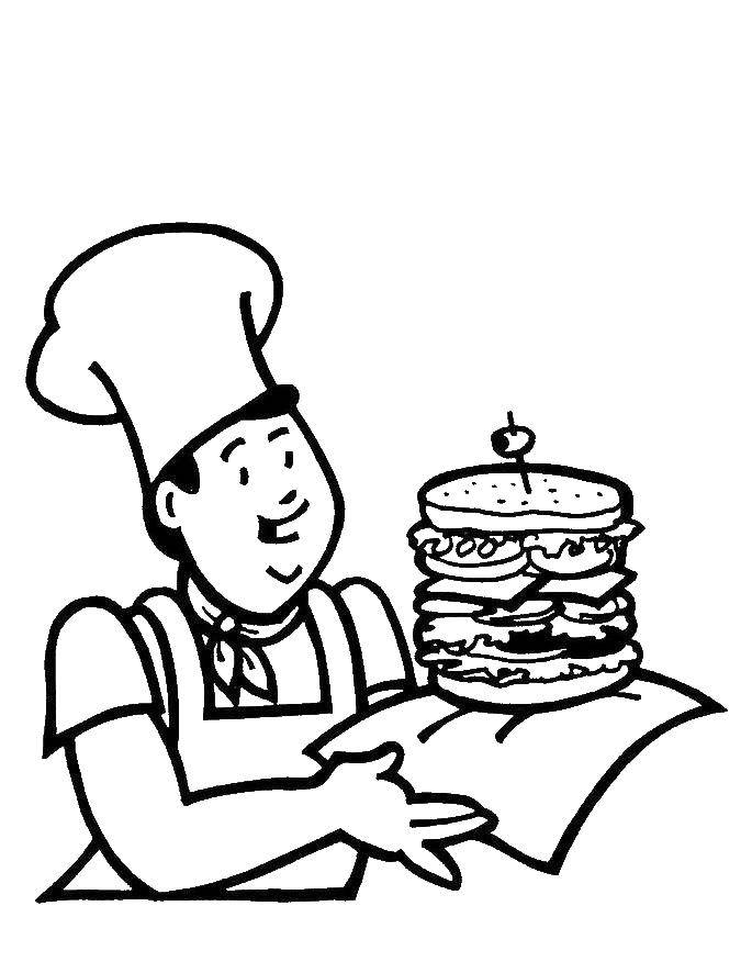 Розмальовки  Кухар приготував великий сендвіч. Завантажити розмальовку Кухар, їжа.  Роздрукувати ,їжа,