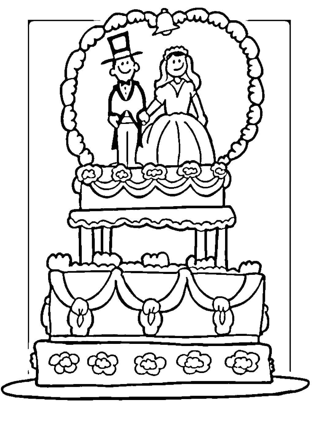 Розмальовки  Весільний торт з фігурками нареченого і нареченої. Завантажити розмальовку весілля, сукня, торт.  Роздрукувати ,Весілля,